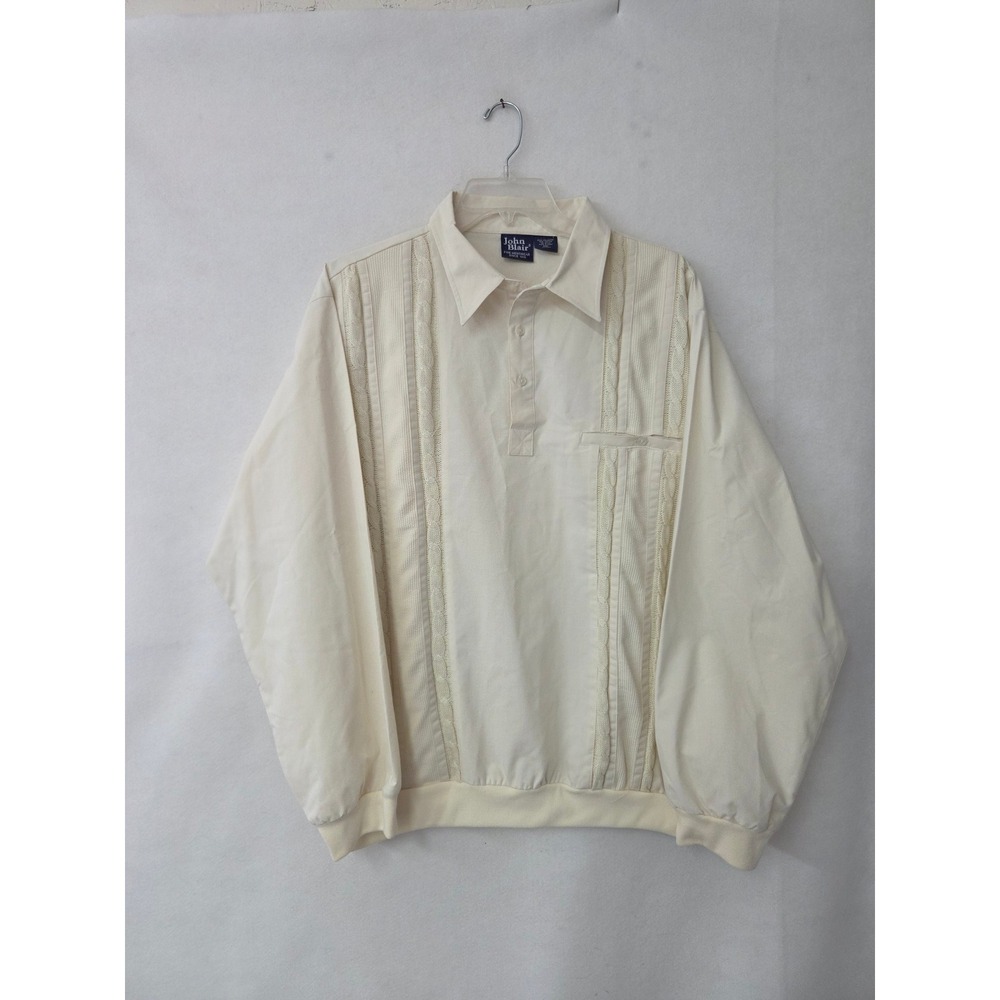 John Blair Pullover Shirt Mens 2XL Cream Cable Knit Texture Long Sleeve Pocket